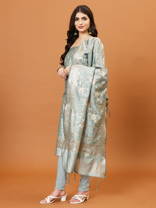 Woven Banarasi Chanderi Unstitched Suit With Dupatta