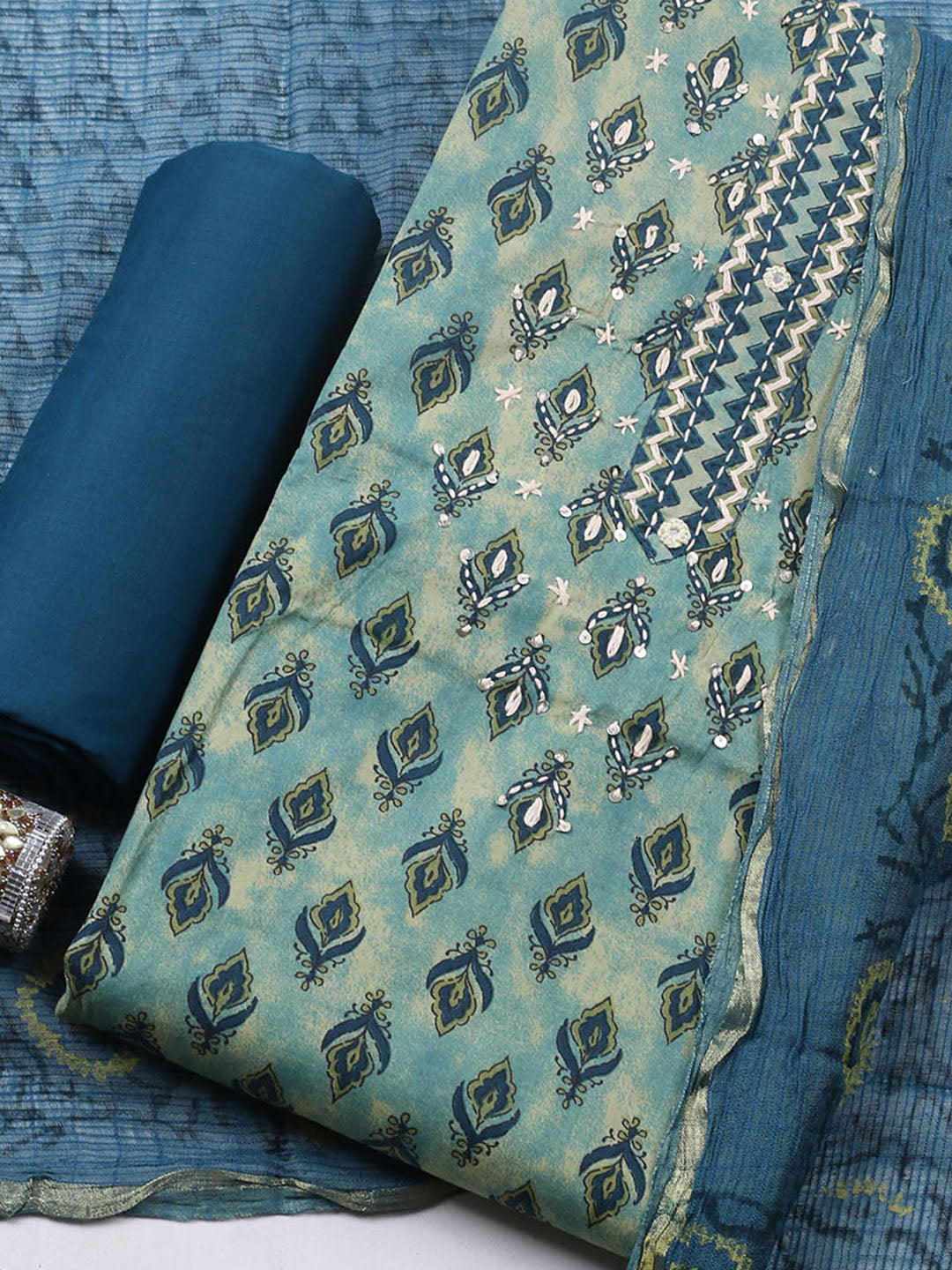 Printed Cotton Blend Unstitched Suit With Pant &amp; Dupatta