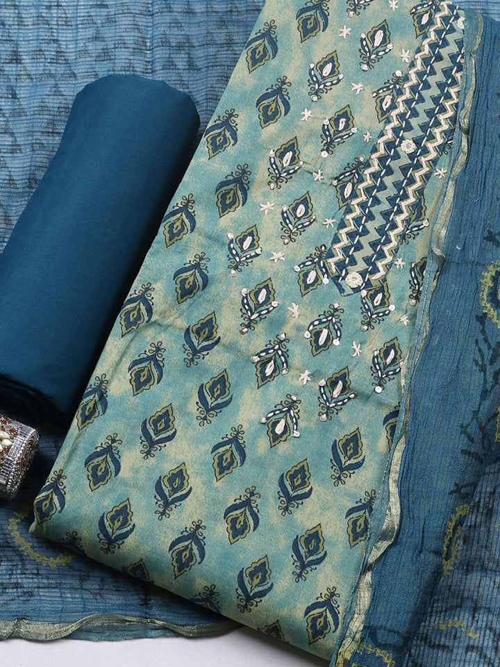 Printed Cotton Blend Unstitched Suit With Pant &amp; Dupatta