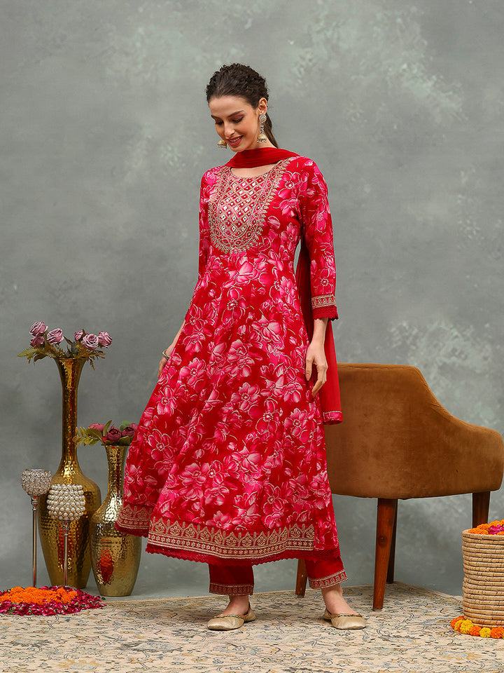 Embroidered Cotton Kurta With Pants &amp; Dupatta