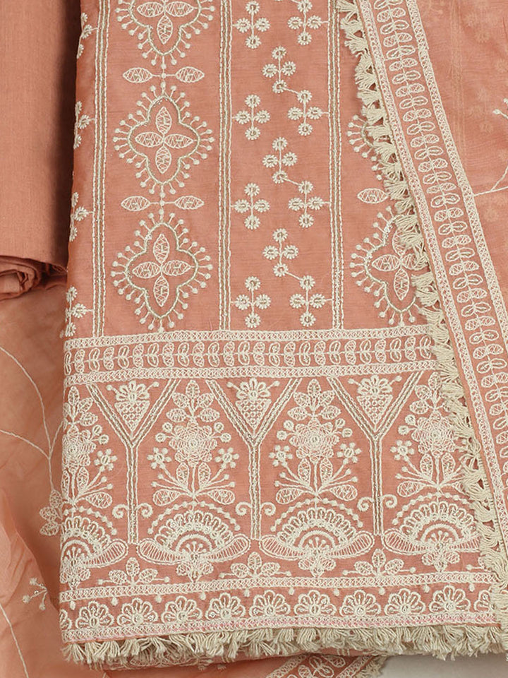 Embroidered Chanderi Unstitched Suit With Pant &amp; Dupatta