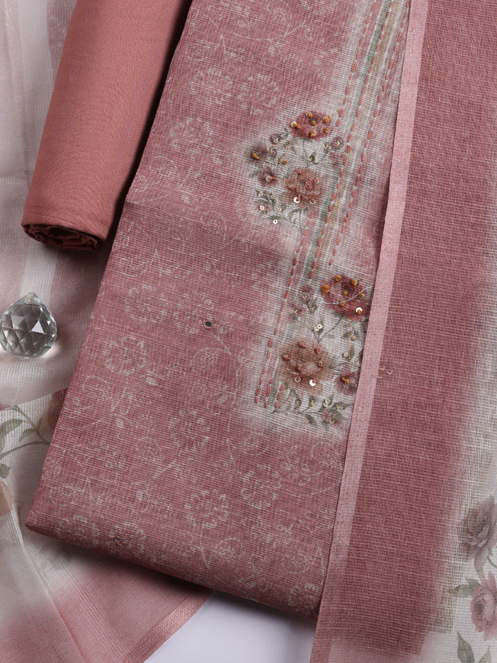 Printed Linen Blend Unstitched Suit With Pant &amp; Dupatta