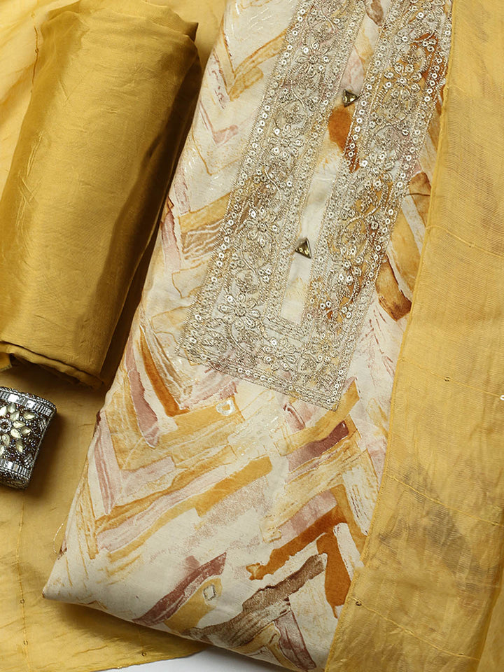 Embroidered Cotton Blend Unstitched Suit With Pant &amp; Dupatta