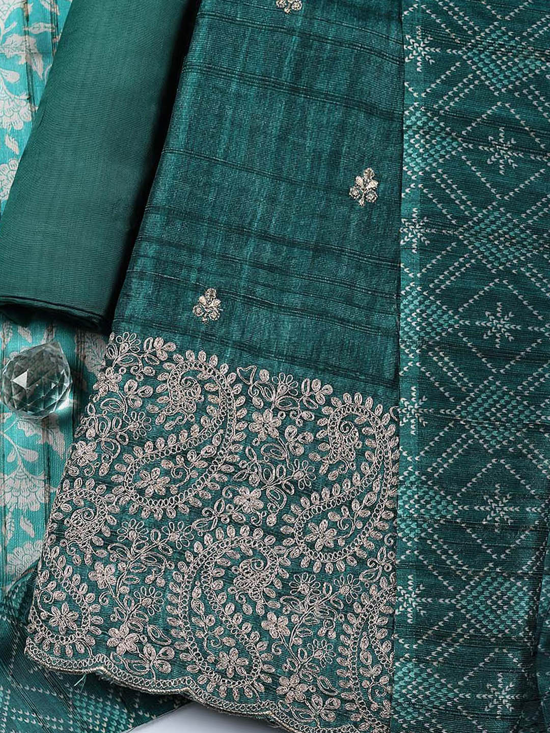 Embroidered Tussar Silk Unstitched Suit With Pant &amp; Dupatta