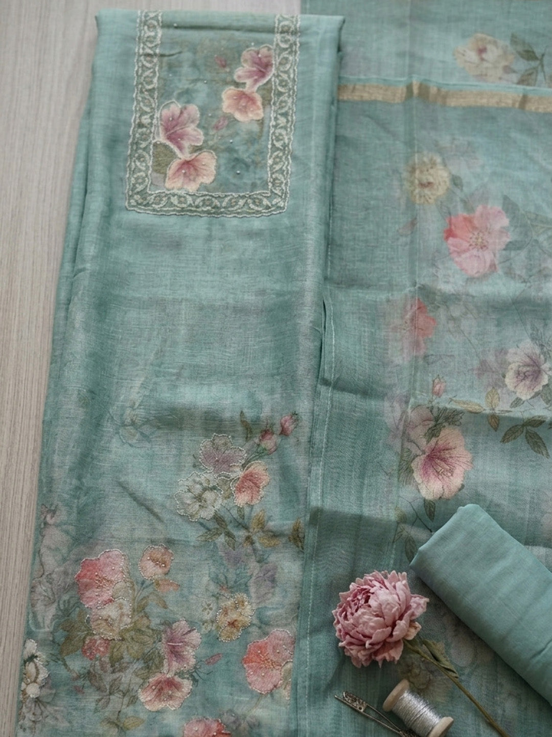 Embroidered Linen Blend Unstitched Suit With Pant &amp; Dupatta