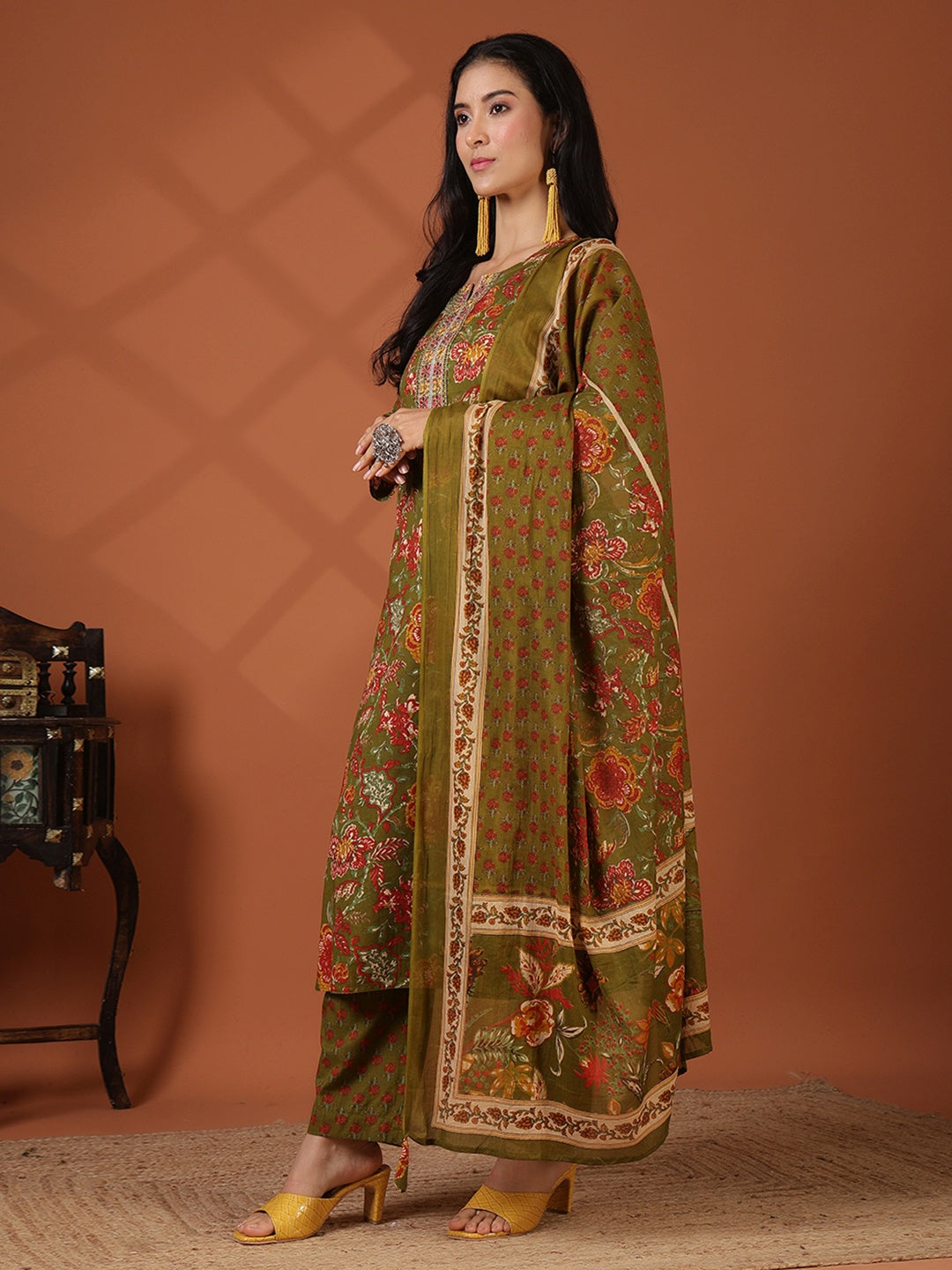 Printed Cotton Blend Kurta With Pant &amp; Dupatta