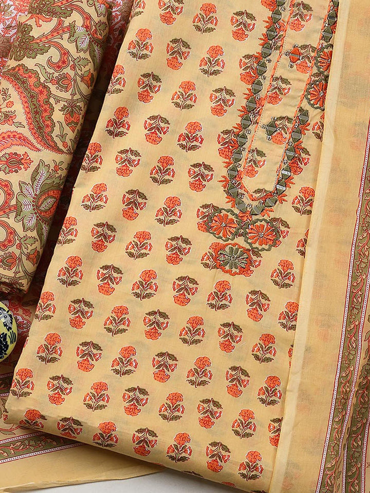 Embellished Cotton Blend Unstitched Suit With Pant &amp; Dupatta