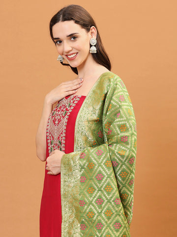 Neck Embroidered Chanderi Unstitched Suit Piece With Dupatta