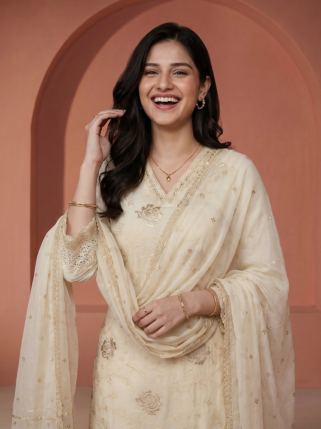 Embroidered Chanderi Suit Set With Dupatta