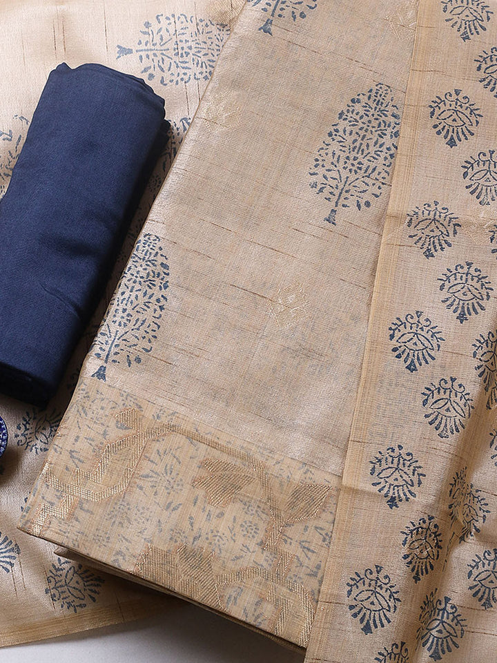 Printed Cotton Blend Unstitched Suit With Pant &amp; Dupatta