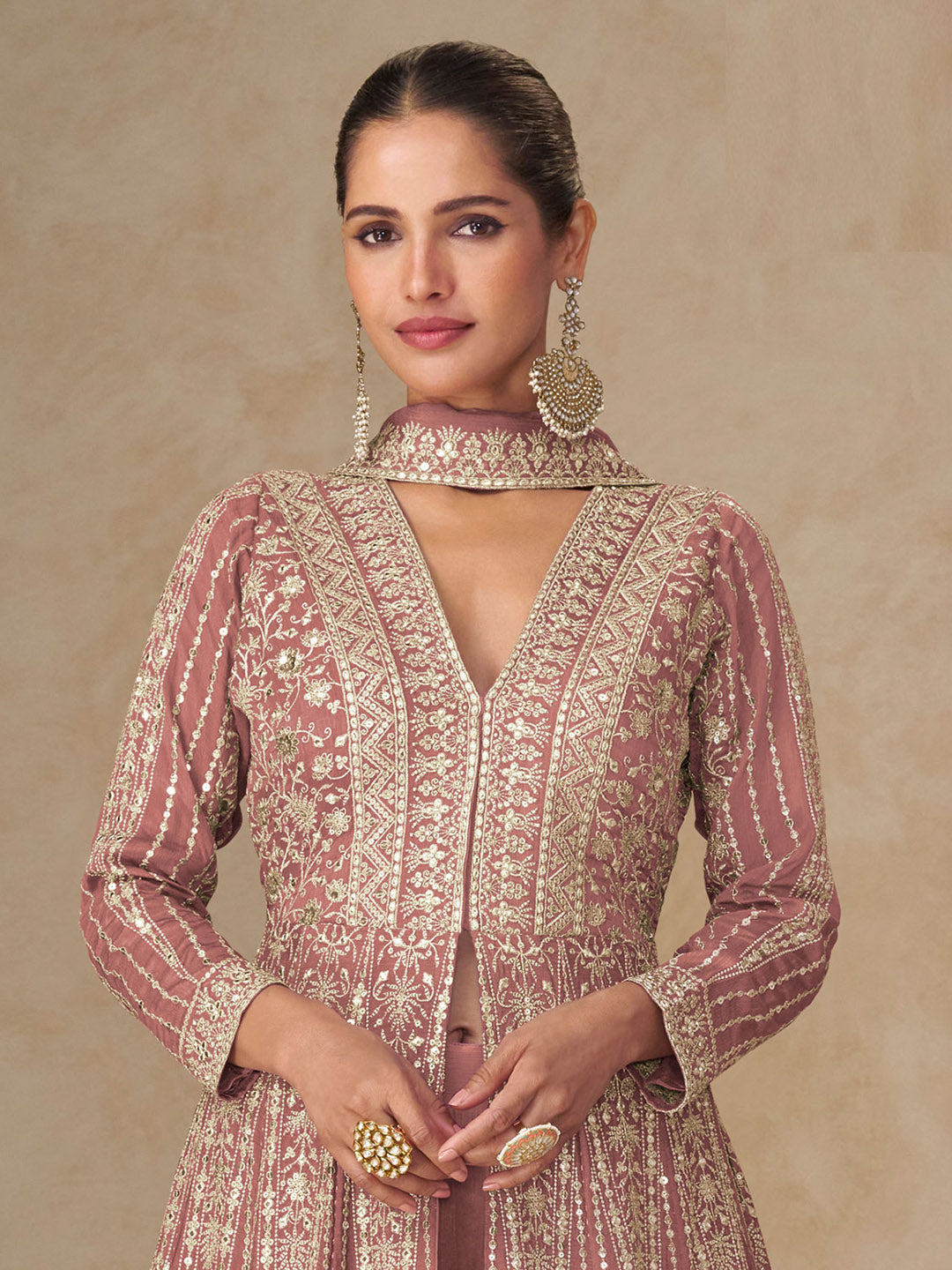 Embroidered Chinnon Silk A Line Dress With Skirt