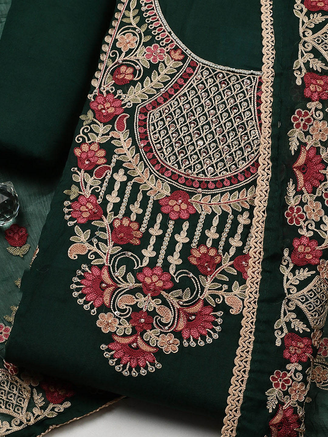Embroidered Cotton Blend Unstitched Suit With Pant &amp; Dupatta