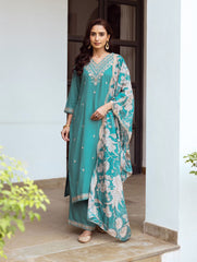 Neck Embroidery Cotton Blend Kurta With Pants & Dupatta