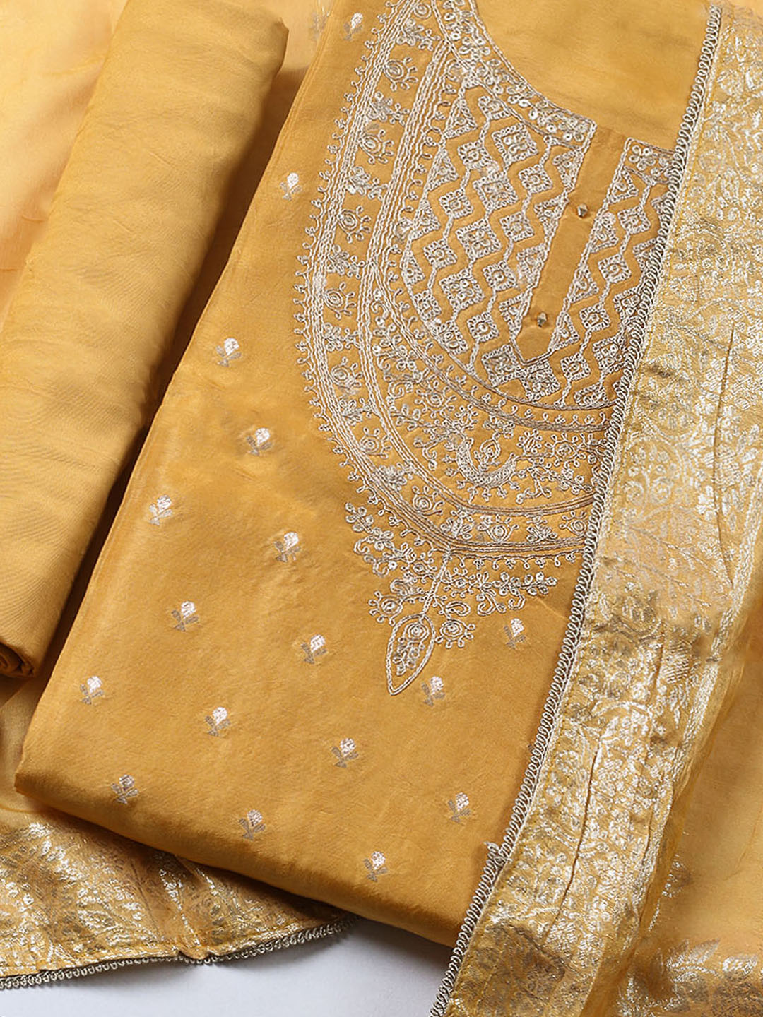 Embroidered Chanderi Unstitched Suit With Pant &amp; Dupatta