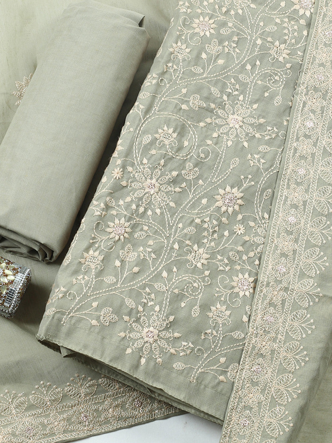 Embroidered Chanderi Unstitched Suit With Pant &amp; Dupatta