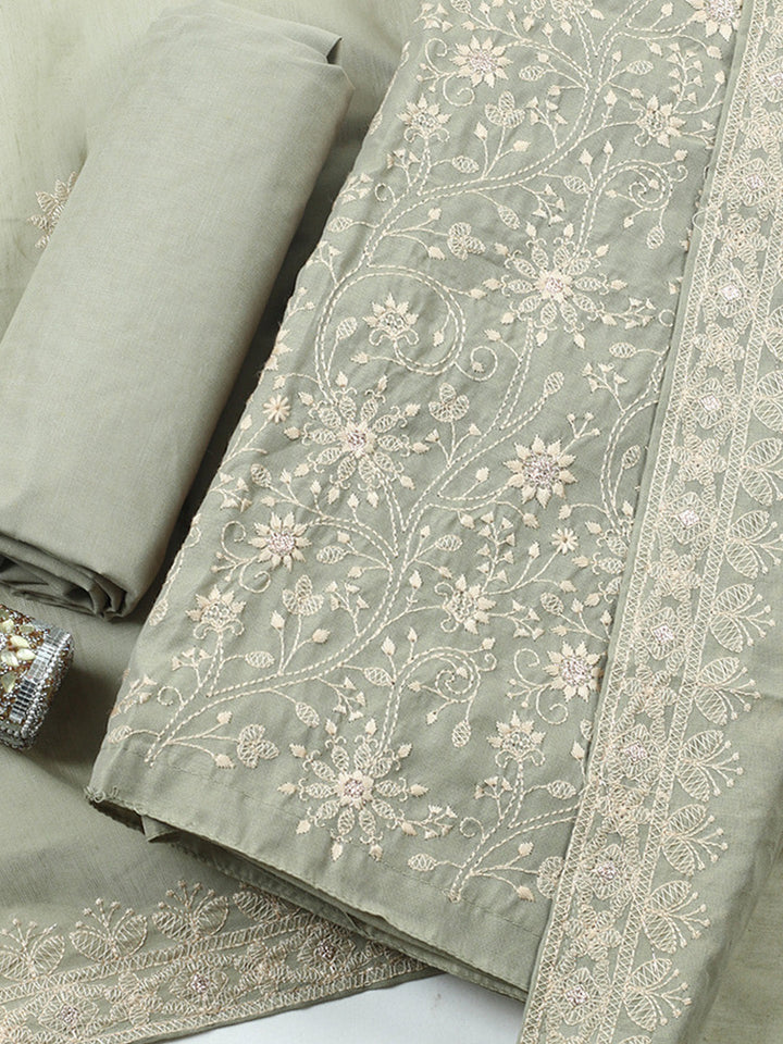 Embroidered Chanderi Unstitched Suit With Pant &amp; Dupatta