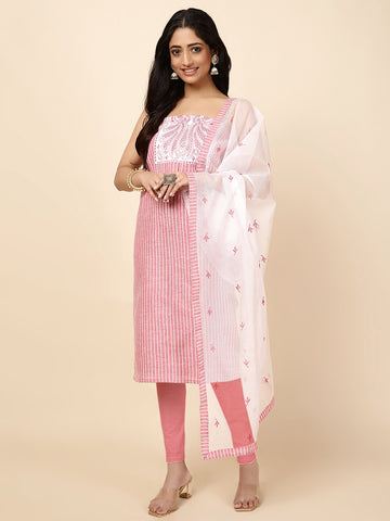 Patch Neck Cotton Blend Unstitched Suit With Dupatta