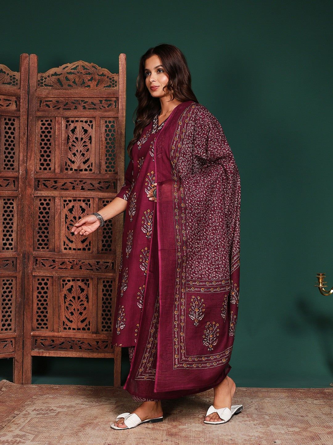 Floral Printed Cotton Blend Kurta With Pant &amp; Dupatta