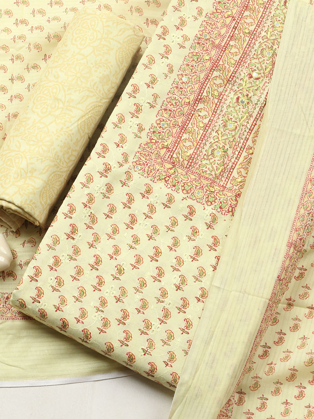 Printed Cotton Blend Unstitched Suit With Pant &amp; Dupatta