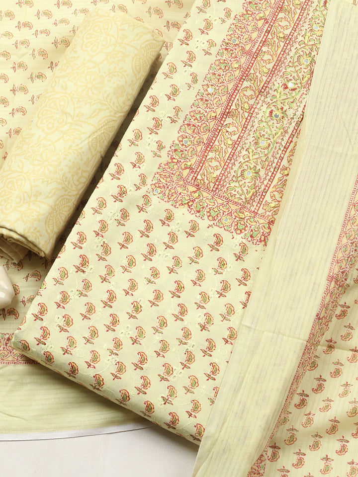 Printed Cotton Blend Unstitched Suit With Pant &amp; Dupatta