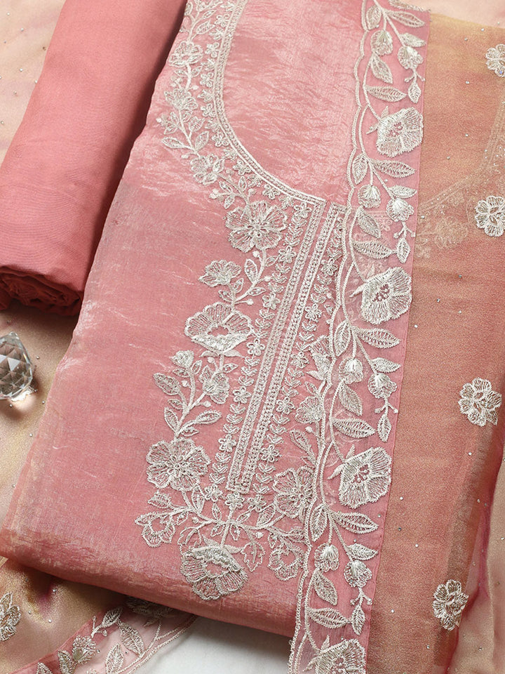 Embroidered Tissue Unstitched Suit With Pant &amp; Dupatta