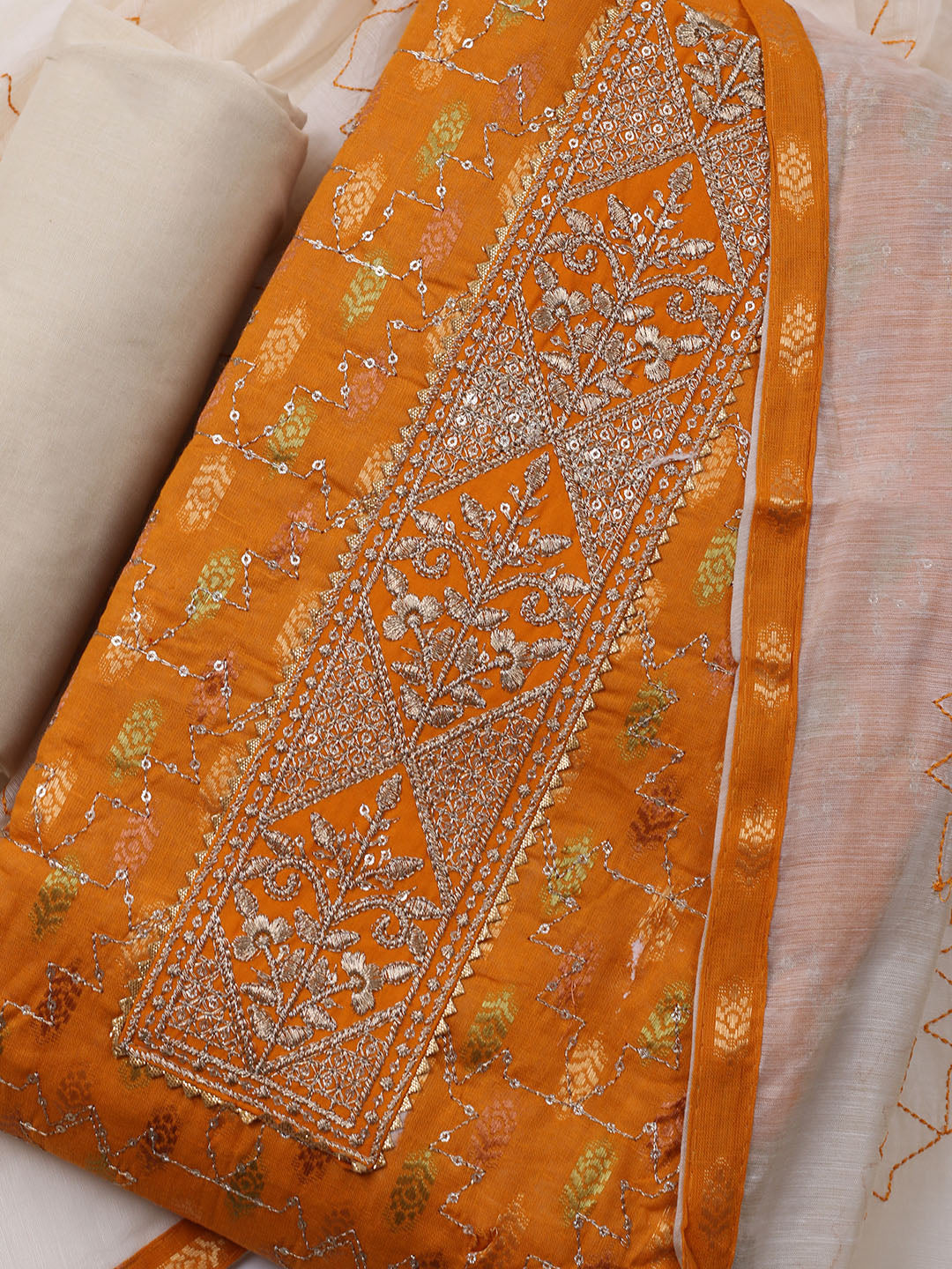 Neck Embroidered Cotton Blend Unstitched Suit With Dupatta