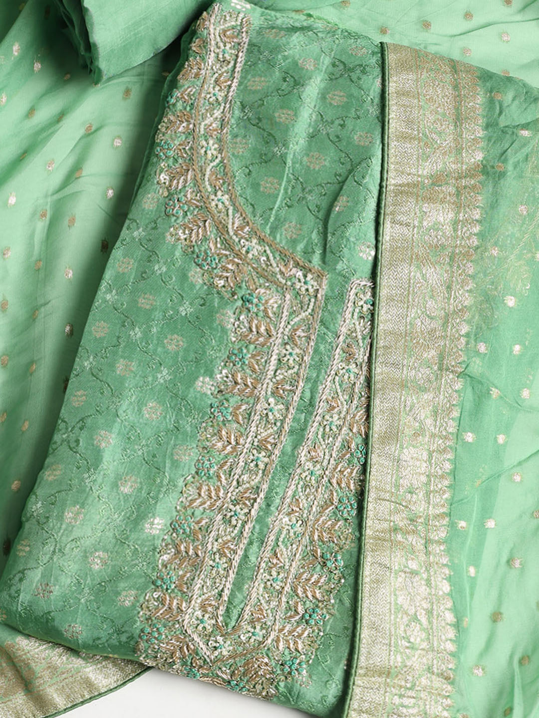 Neck Embroidered Chanderi Unstitched Suit With Dupatta