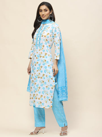 Floral Print Cotton Suit Set With Dupatta