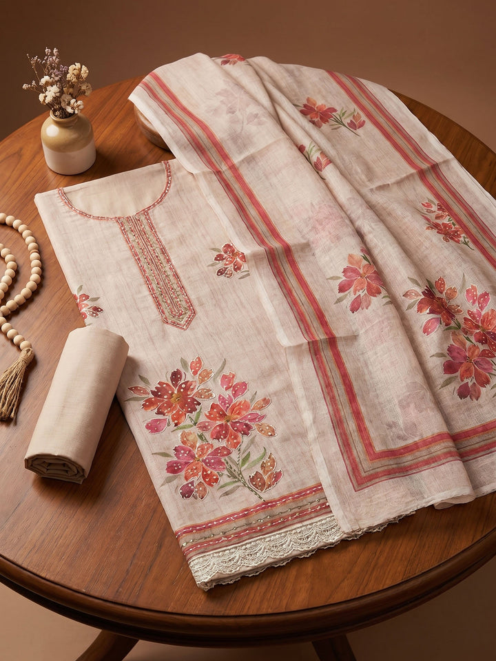 Printed Linen Unstitched Suit With Dupatta