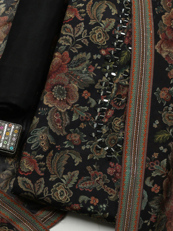 Embellished Muslin Unstitched Suit With Pant &amp; Dupatta