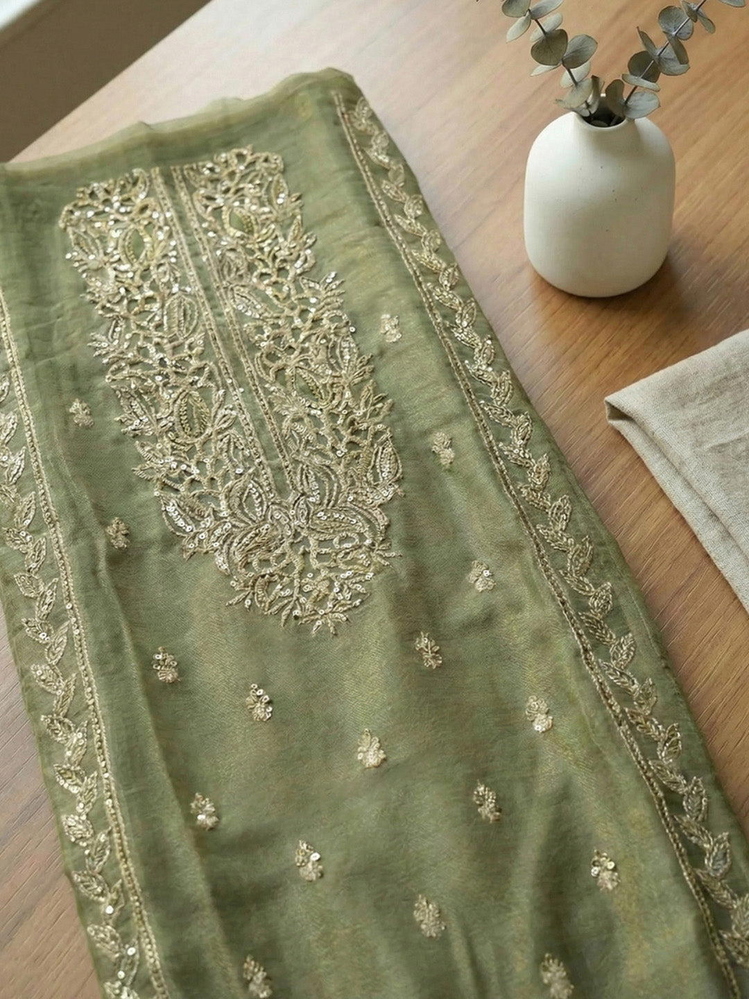 Embroidered Tissue Unstitched Suit With Pant &amp; Dupatta