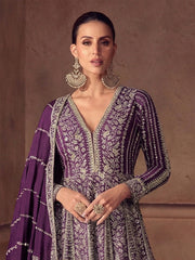 Embroidered Chinnon Silk A Line Dress With Dupatta