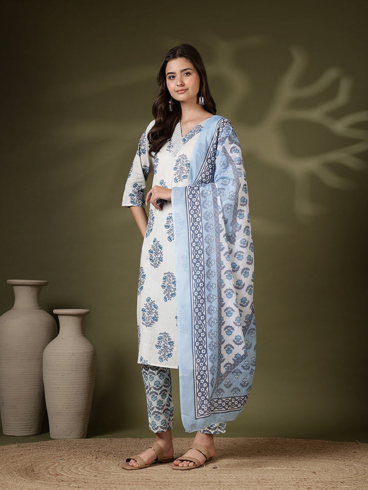 Printed Cotton Blend Kurta With Pant &amp; Dupatta