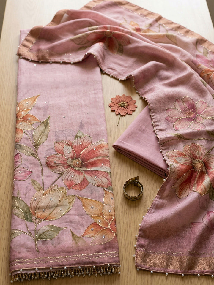 Embroidered Linen Blend Unstitched Suit With Pant &amp; Dupatta