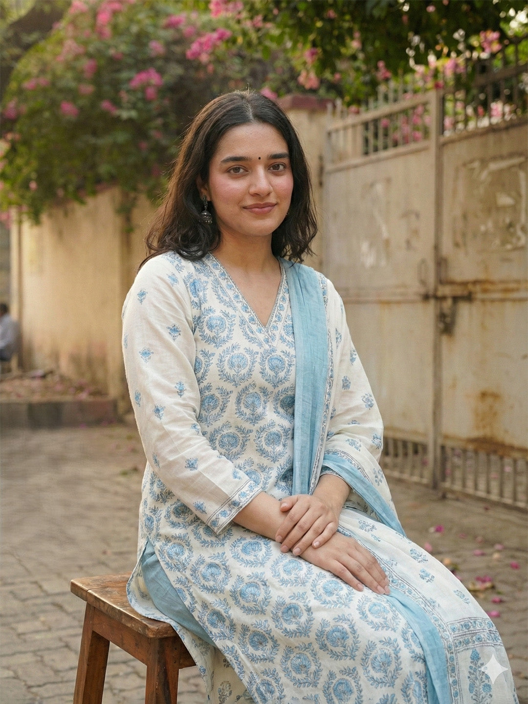 Blue Printed Cotton Blend Straight Suit Set With Dupatta