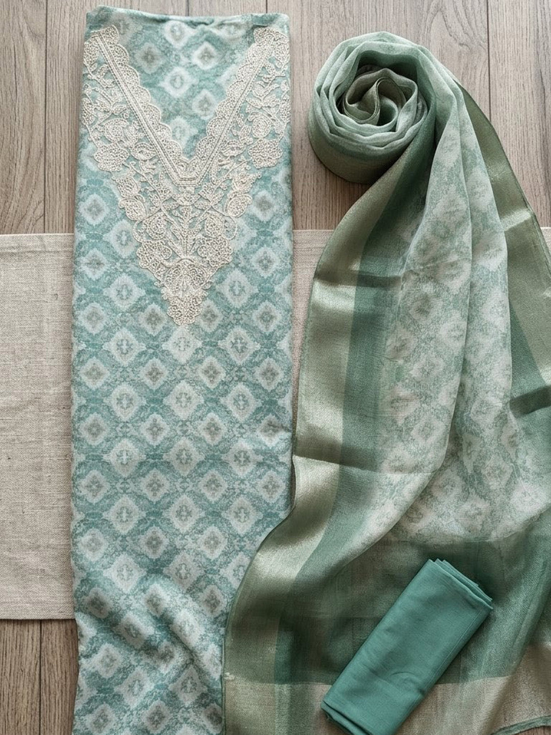 Embroidered Cotton Blend Unstitched Suit With Pant &amp; Dupatta