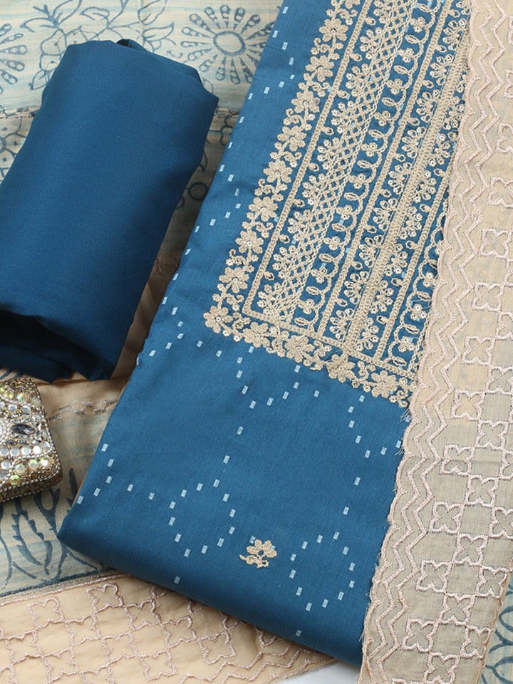 Embroidered Cotton Blend Unstitched Suit With Pant &amp; Dupatta