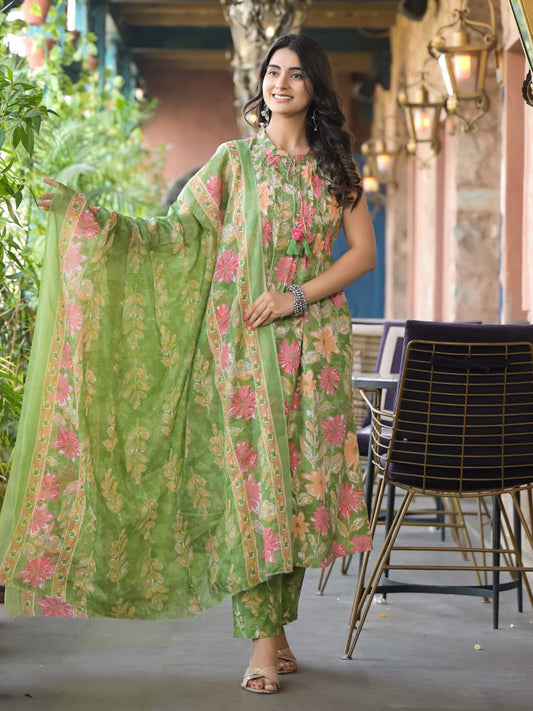 Printed Cotton Blend Kurta With Pants & Dupatta