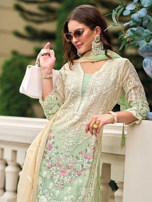 Resham Beads Work Straight Kurta With Pants And Dupatta