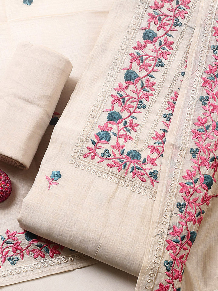 Embroidered Tussar Silk Unstitched Suit With Pant &amp; Dupatta