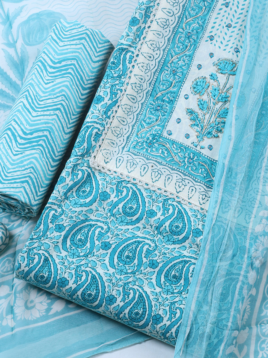 Embroidered Cotton Blend Unstitched Suit With Pant &amp; Dupatta
