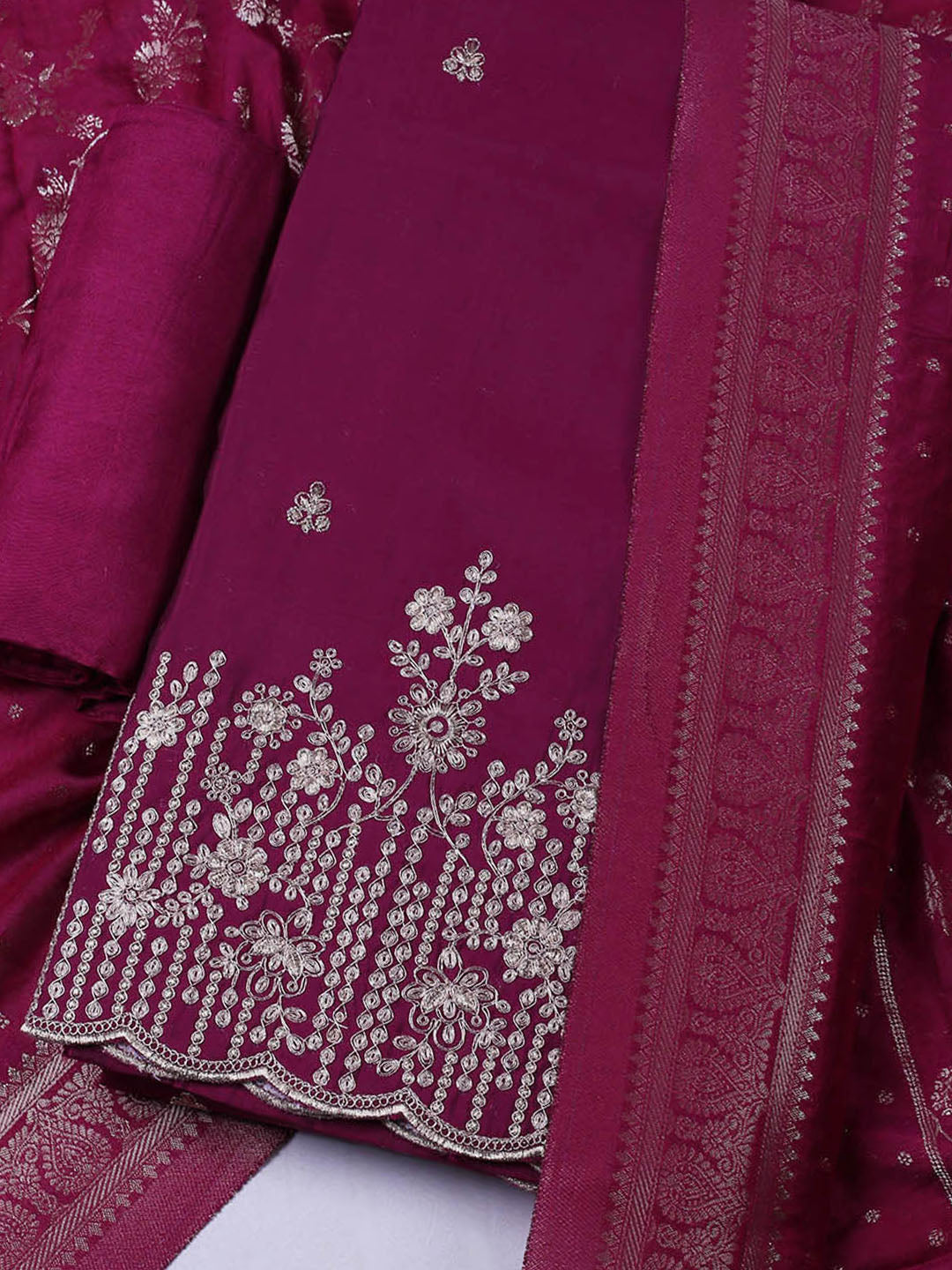 Embroidered Chanderi Unstitched Suit With Pant &amp; Dupatta