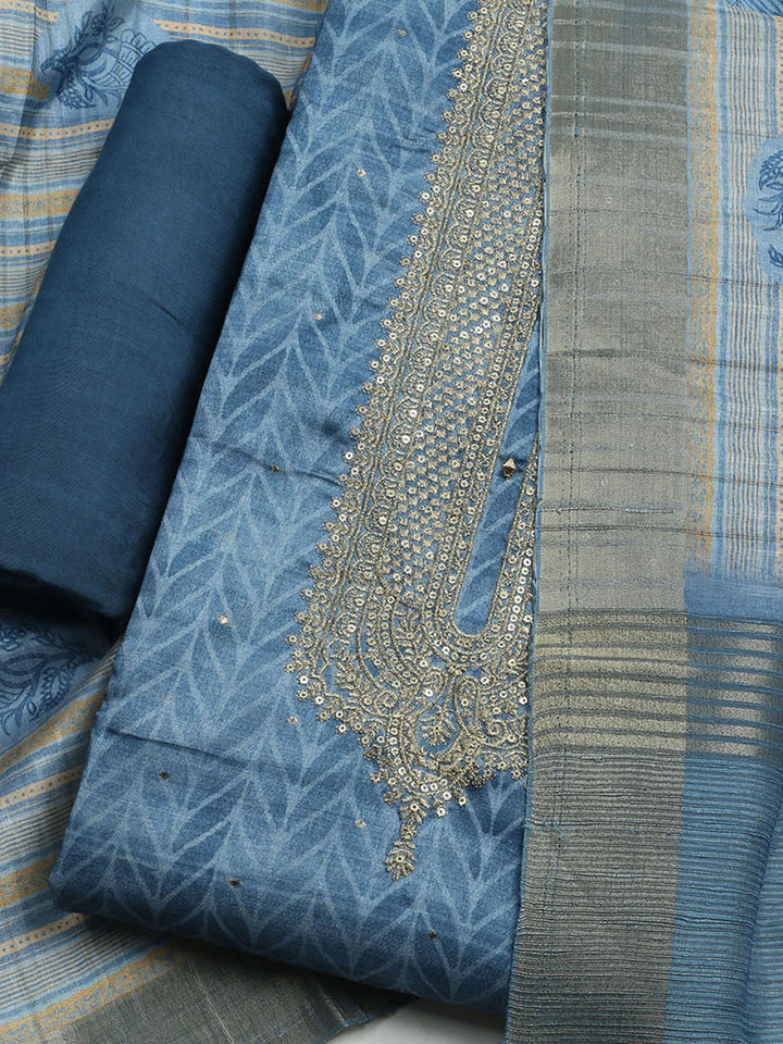 Embroidered Tussar Unstitched Kurta With Pant &amp; Dupatta