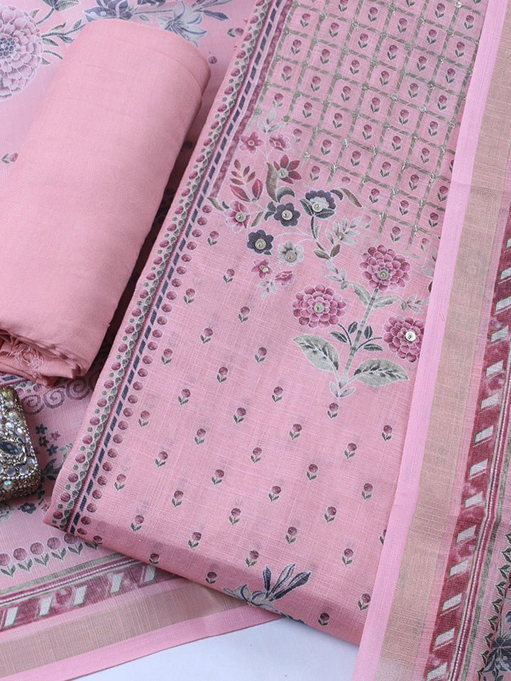 Printed Linen Blend Unstitched Suit With Pant &amp; Dupatta