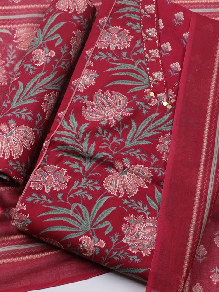 Printed Chanderi Unstitched Suit With Pant &amp; Dupatta