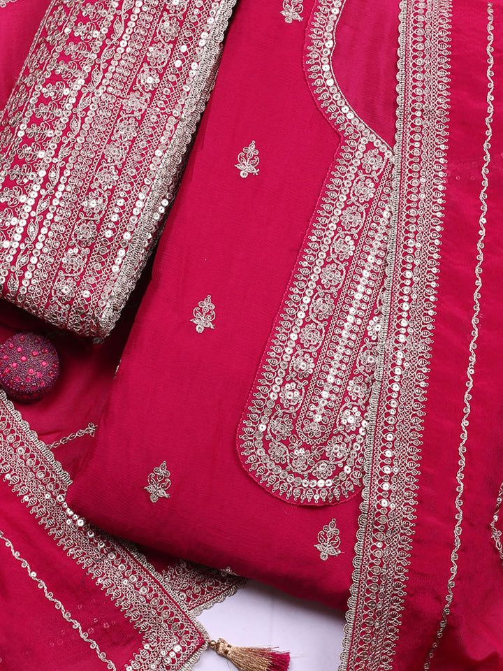Embroidered Chinon Unstitched Suit With Pant &amp; Dupatta
