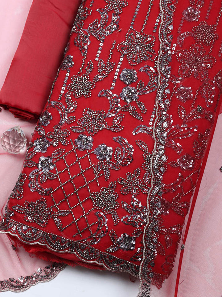 Embroidered Net Unstitched Suit With Pant &amp; Dupatta