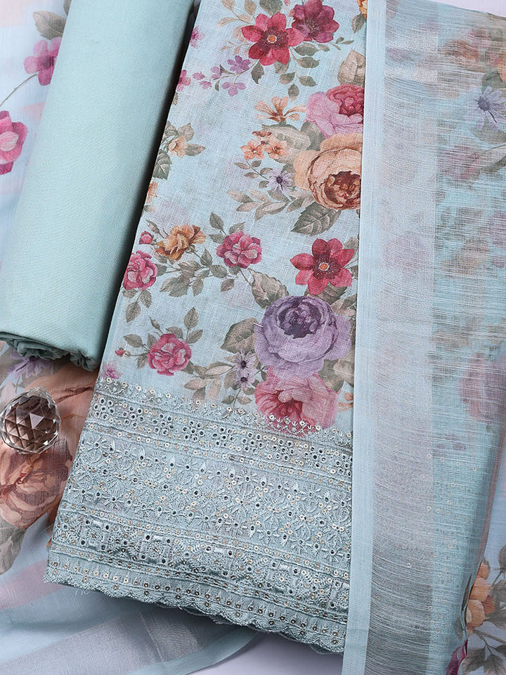 Embroidered Linen Blend Unstitched Suit With Pant &amp; Dupatta