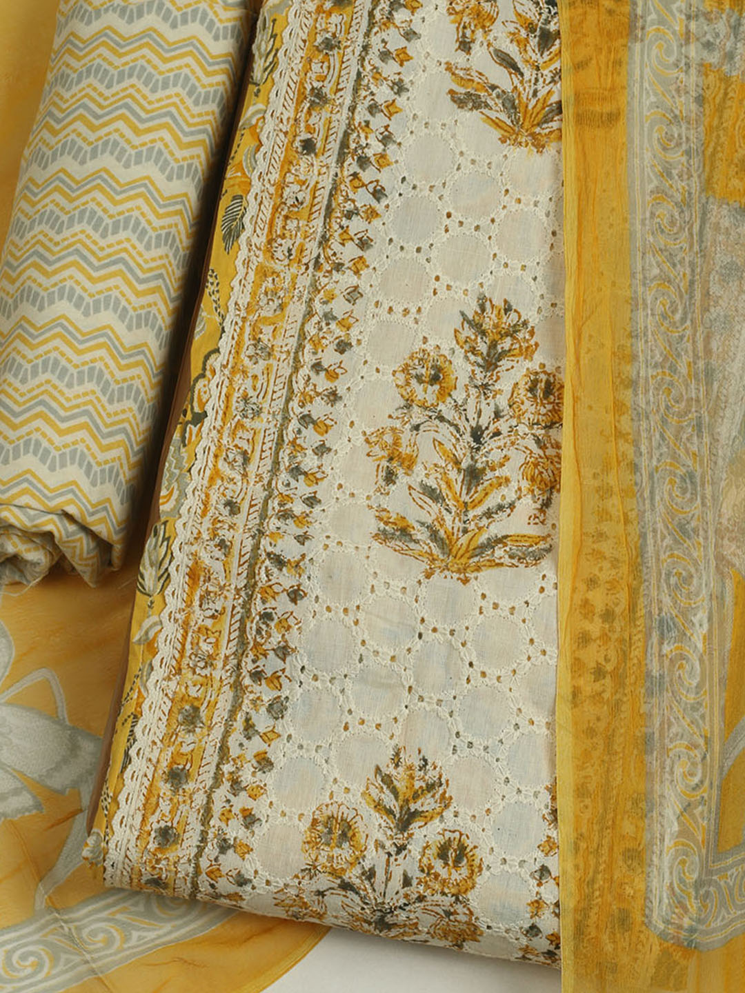 Printed Cotton Unstitched Suit With Pant &amp; Dupatta
