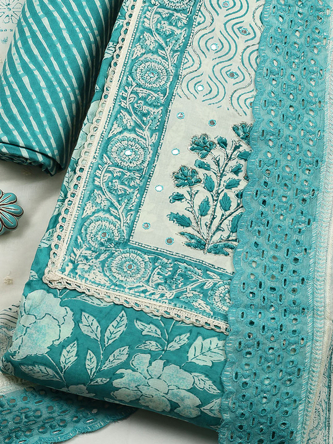 Printed Cotton Blend Unstitched Suit With Pant &amp; Dupatta